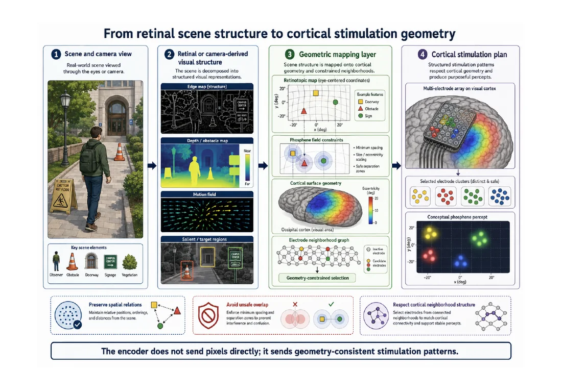 AVCR geometry-aware path from scene structure to cortical stimulation geometry